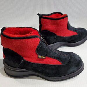 Blondo Front Zip Black & Red Suede Waterproof Booties with Dyed Sheepskin Lining